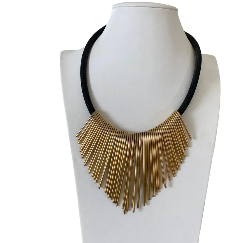 Statement kinetic necklace gold tone with black rope Paddle Fringe